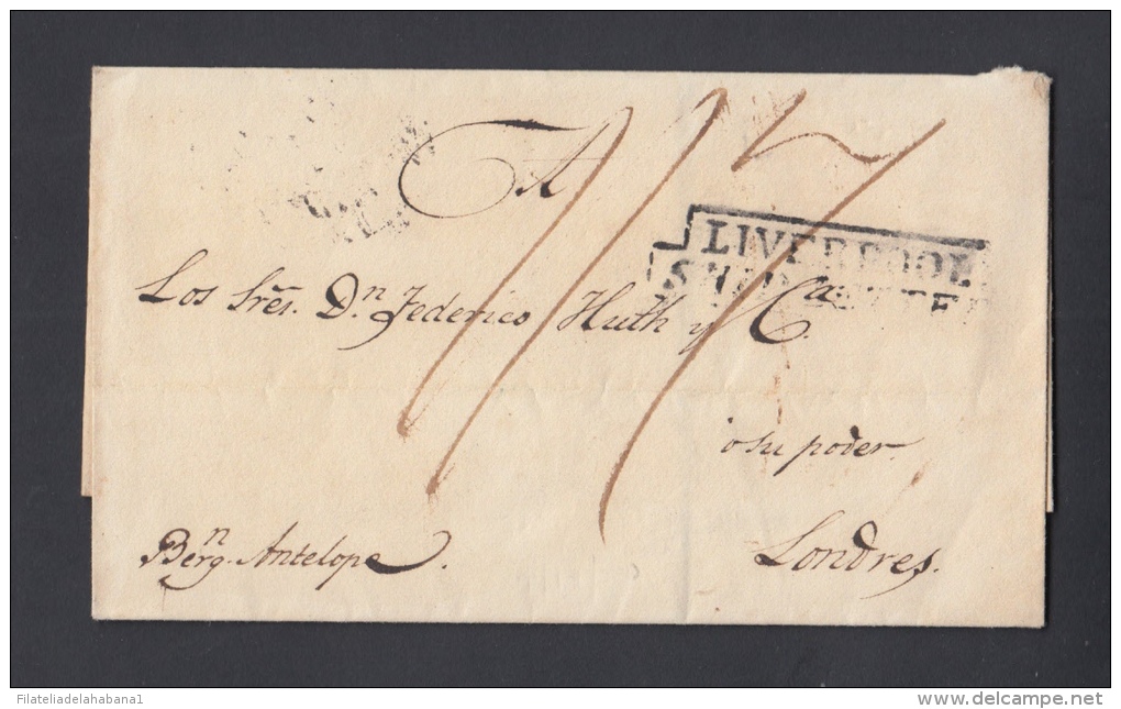 PREFI-202. CUBA SPAIN ESPAÑA. MARITIME MAIL. STAMPLESS. 1820. CARTA DE LA HABANA A LONDRES. UK. MARCA DE LIVERPOOL. ROJO - Prephilately