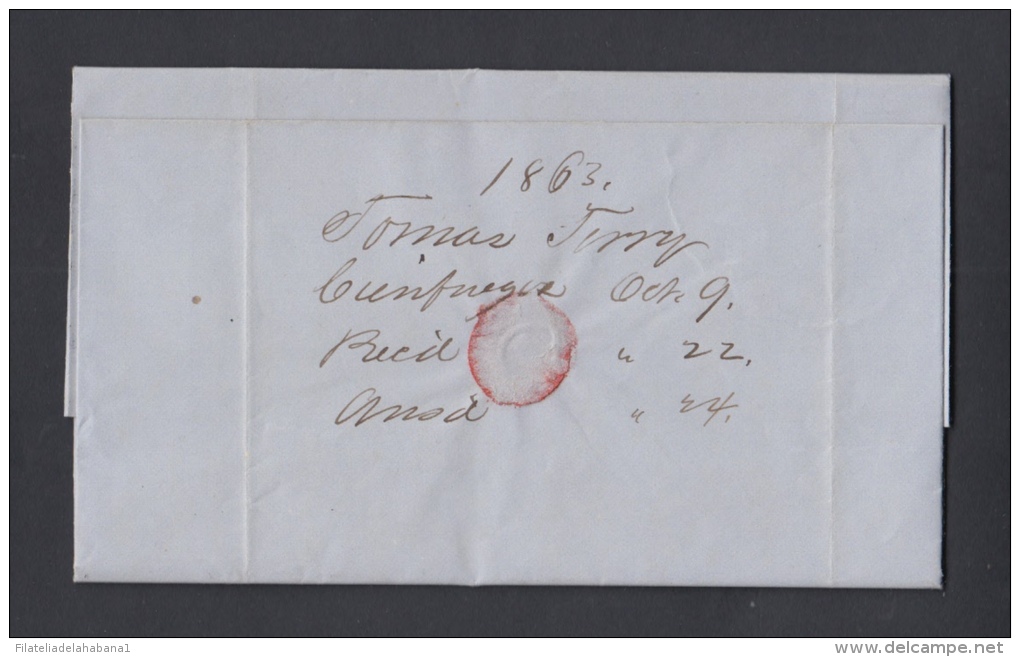 PREFI-206. CUBA SPAIN ESPAÑA. MARITIME MAIL. STAMPLESS. 1863. CARTA DE CIENFUEGOS A NEW YORK. US. MARCAS &ldquo;STEAMSHI - Prephilately