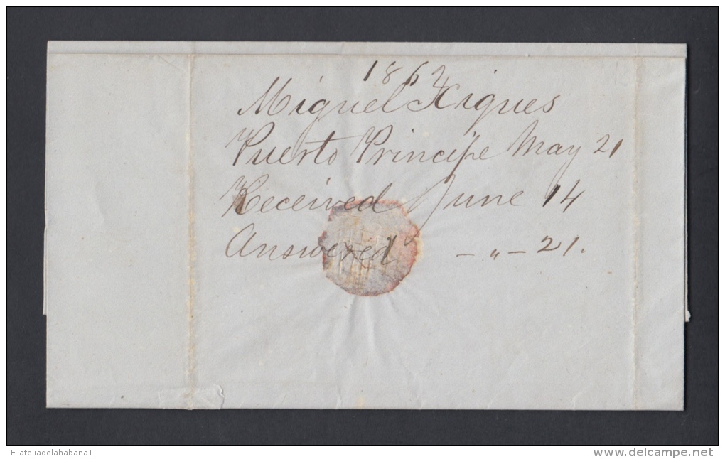 PREFI-207. CUBA SPAIN ESPAÑA. MARITIME MAIL. STAMPLESS. 1862. CARTA DE PUERTO PRINCIPE A NEW YORK. US. MARCAS &ldquo;STE - Prephilately