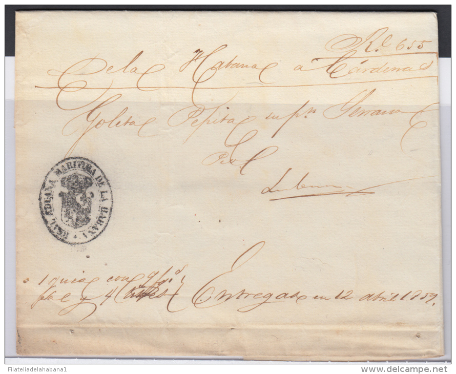 PREFI-208. CUBA SPAIN ESPAÑA. STAMPLESS. MARITIME MAIL. 1859. CORREO DE CABOTAJE.  LA HABANA A CARDENAS. SHIP &ldquo;PEP - Prefilatelia