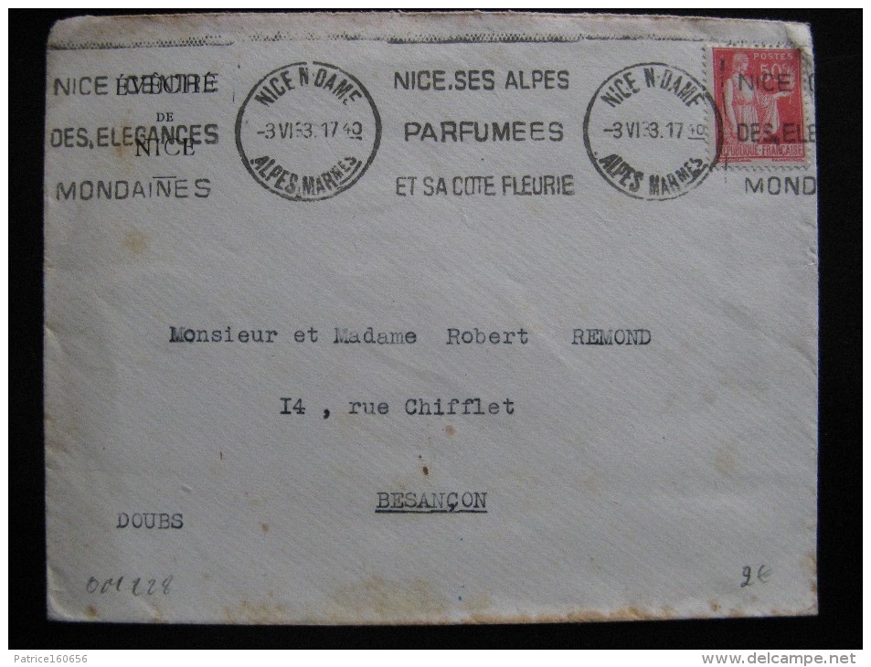 O.M. 228 -  TB Enveloppe Affranchie Avec N° 283 . De Nice Pour Besançon ( 03/06/1933). - Oblitérations Mécaniques (flammes)