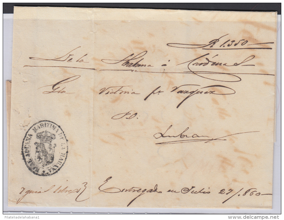 PREFI-213. CUBA SPAIN ESPAÑA. STAMPLESS. MARITIME MAIL. 1860. CORREO DE CABOTAJE.  LA HABANA A CARDENAS. SHIP &ldquo;VIC - Voorfilatelie