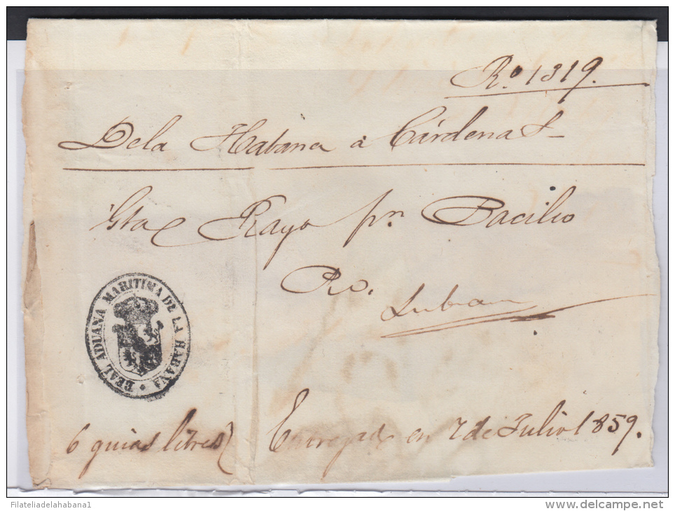 PREFI-214. CUBA SPAIN ESPAÑA. STAMPLESS. MARITIME MAIL. 1859. CORREO DE CABOTAJE.  LA HABANA A CARDENAS. SHIP &ldquo;EL - Préphilatélie