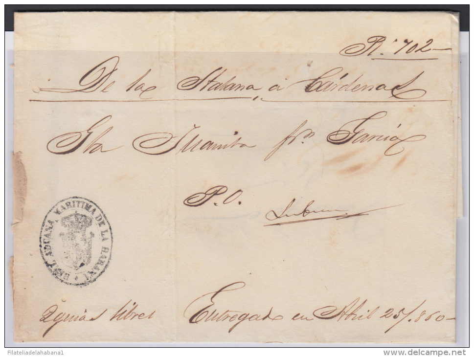 PREFI-217. CUBA SPAIN ESPAÑA. STAMPLESS. MARITIME MAIL. 1860. CORREO DE CABOTAJE.  LA HABANA A CARDENAS. SHIP &ldquo;JUA - Voorfilatelie