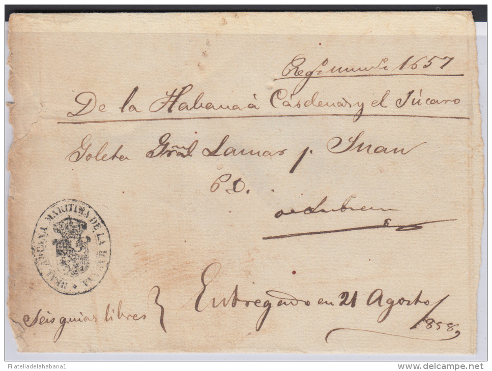 PREFI-219. CUBA SPAIN ESPAÑA. STAMPLESS. MARITIME MAIL. 1858. CORREO DE CABOTAJE Y FERROCARRIL.  CARDENAS- JUCARO. SHIP - Voorfilatelie