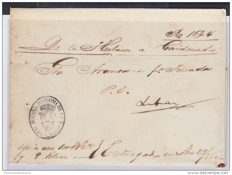 PREFI-220. CUBA SPAIN ESPAÑA. STAMPLESS. MARITIME MAIL. 1860. CORREO DE CABOTAJE.  LA HABANA A CARDENAS. SHIP &ldquo;ARA - Prephilately