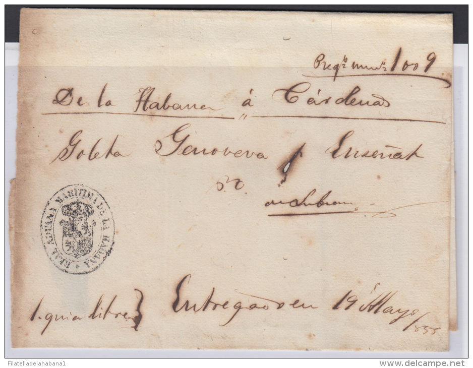 PREFI-221. CUBA SPAIN ESPAÑA. STAMPLESS. MARITIME MAIL. 1860. CORREO DE CABOTAJE.  LA HABANA A CARDENAS. SHIP &ldquo;GEN - Voorfilatelie