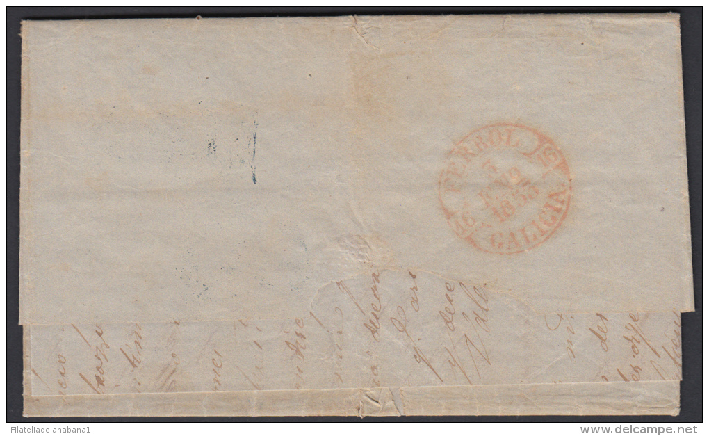 PREFI-253. CUBA SPAIN ESPAÑA. MARITIME MAIL. CARTA FERROL A LA HABANA. 1852. MARCA &ldquo;HABANA FRANCO&rdquo; AZUL. SHI - Voorfilatelie