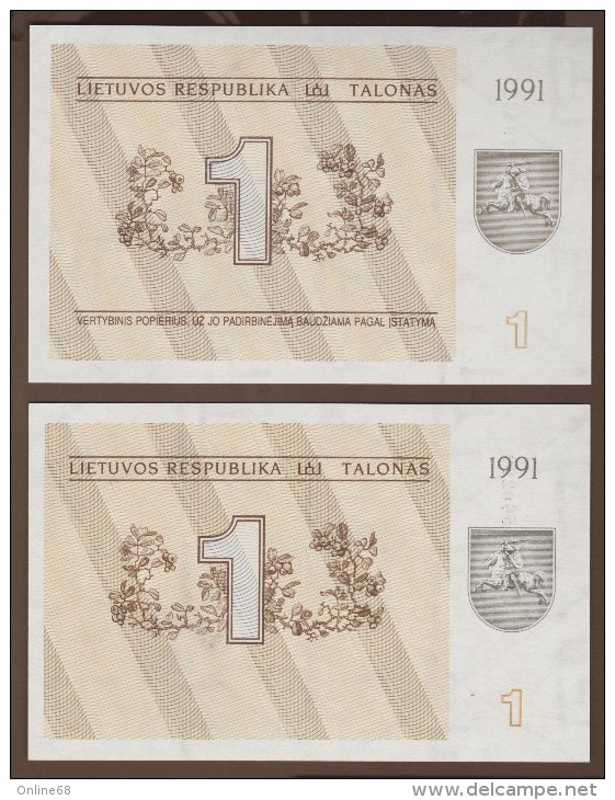 LITUANIA  LOT 2x 1 TALONAS 1991 P#32a/32b  SERIAL #  CG & AZ - Lithuania