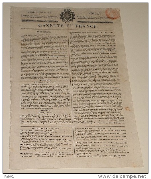 Gazette De France Du 3 Février 1818,n°=34. (Abandon D'un Enfant Par Un Officier De L'armée De Vendée...) - 1800 - 1849