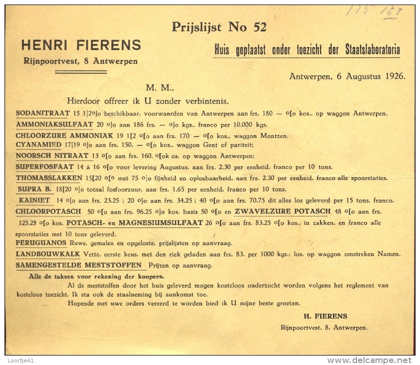 Liste Des Prix - Prijslijst - Landbouw Meststoffen - Henri Fierens Antwerpen 1926 - Landbouw