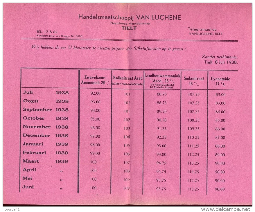 Liste Des Prix - Prijslijst - Landbouw Meststoffen Van Luchene Tielt - 1938 - Landbouw