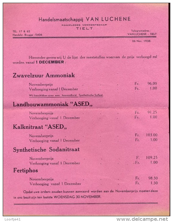 Liste Des Prix - Prijslijst - Landbouw Meststoffen Van Luchene Tielt - 1938 - Landwirtschaft