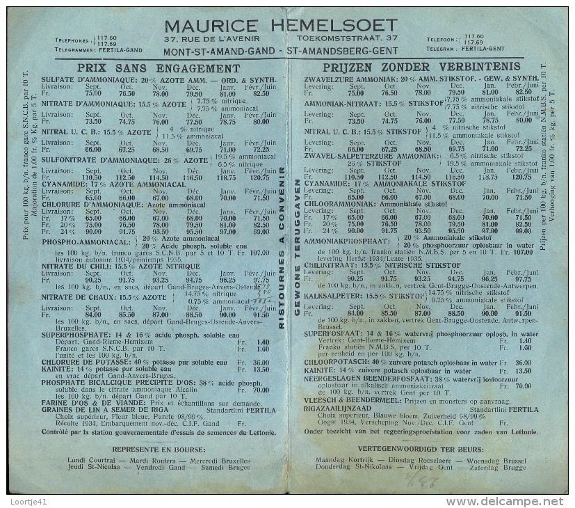 Liste Des Prix - Prijslijst - Landbouw Meststoffen  Maurice Hemelsoet Sint Amandsberg Gent - 1934 - Agricoltura