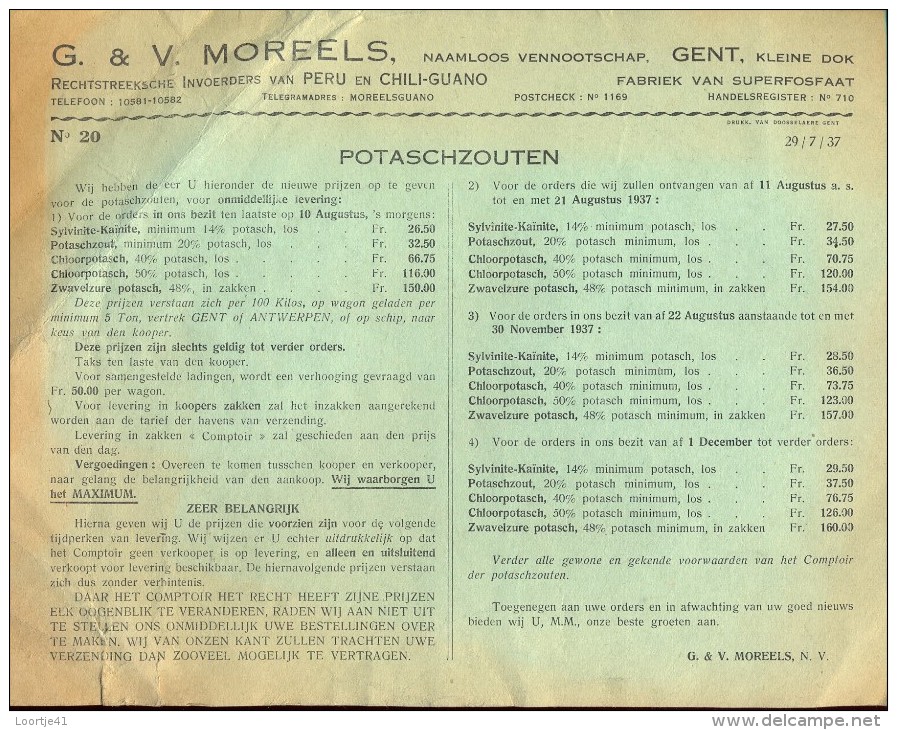 Liste Des Prix - Prijslijst - Landbouw Meststoffen Potaschzouten  Moreels Gent 1937 - Landwirtschaft