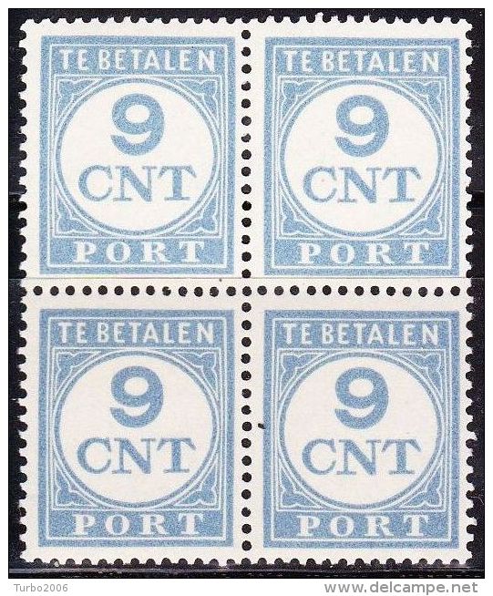 1921-38 Strafportzegels Cijfer En Waarde Blauw Kamtanding 13½ X 12 3/4 Blauw 9 Cent In Blok Van 4 Postfris NVPH P 74 B - Strafportzegels