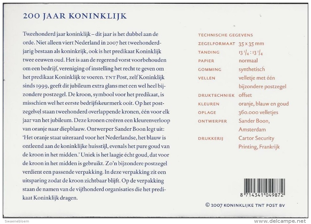 Pz.- 200 Jaar Koninklijk ; NVPH 2519** ; 2007 Postfris In Kunststof Mapje. Nederland. 3 Scans - Nuevos