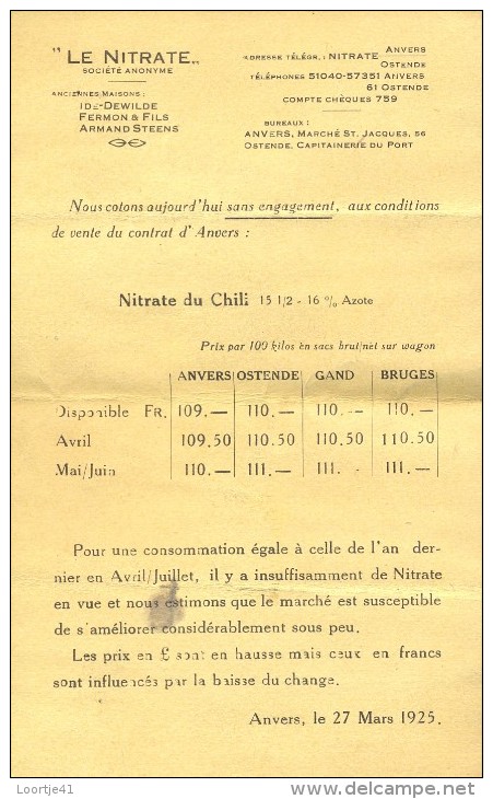 Liste Des Prix - Prijslijst - Landbouw Meststoffen Engrais Le Nitrate  - Ide Dewilde Anvers Antwerpen 1925 - Landbouw