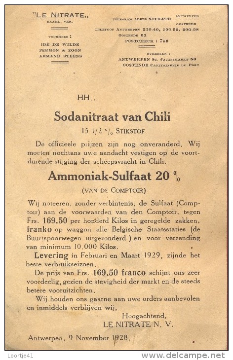 Liste Des Prix - Prijslijst - Landbouw Meststoffen Engrais Le Nitrate  - Ide Dewilde Anvers Antwerpen 1928 - Agricoltura