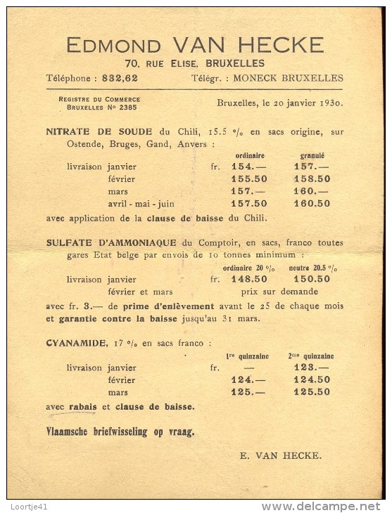 Liste Des Prix - Prijslijst - Landbouw Meststoffen Engrais Edmond Van Hecke - Bruxelles 1930 - Landwirtschaft