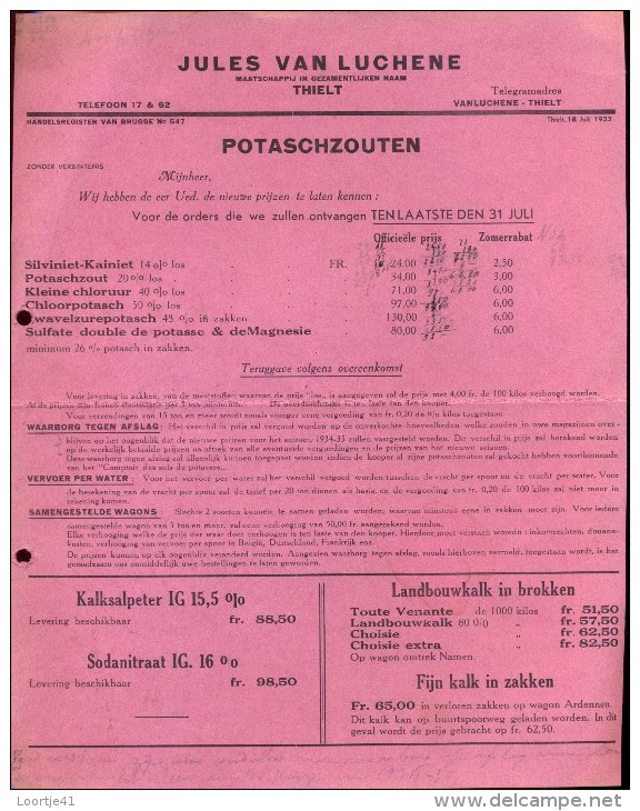 Prijslijst Landbouw Meststoffen Engrais Potaschzouten - Jules Van Luchene Tielt 1933 - Landwirtschaft