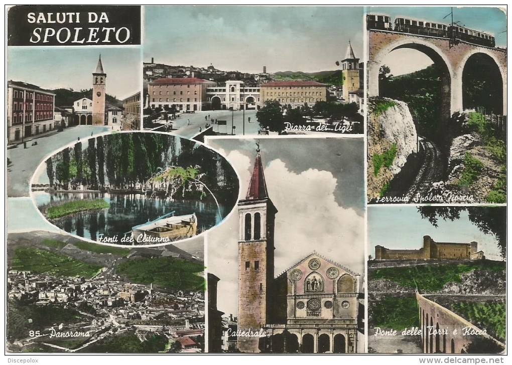 K2036 Saluti Da Spoleto (Perugia) - Piazza Dei Tigli - Cattedrale - Ferrovia - Ponte Delle Torri / Viaggiata 1955 - Otros & Sin Clasificación