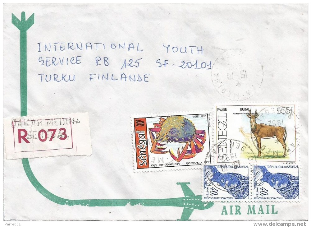 Senegal 1992 Dakar Medina Carb Marine Life Bubale Antilope Registered Cover - Senegal (1960-...)