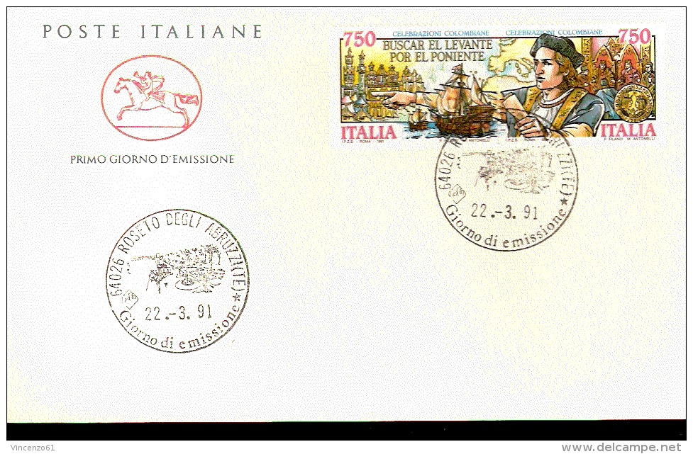 1991 BUSTA CON ANNULLO FDC  Celebrazioni Colombiane Nel 5° Centenario Della Scoperta Dell´America. Il Progetto. - Christophe Colomb