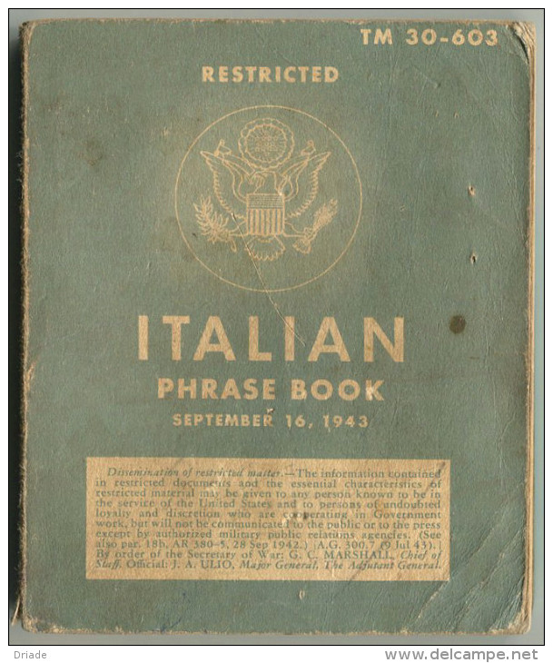 LIBRO FRASI ITALIANI PER MILITARI AMERICANI IN ITALIA WAR DEPARTMENT WASHINGTON ANNO 1943 SECONDA GUERRA MONDIALE - Dizionari