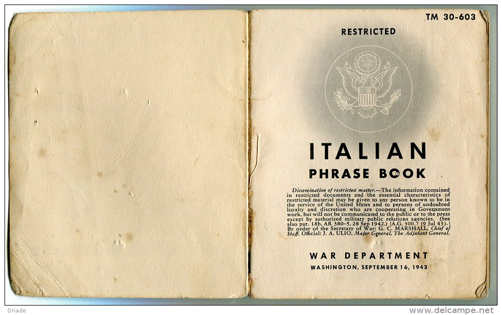 LIBRO FRASI ITALIANI PER MILITARI AMERICANI IN ITALIA WAR DEPARTMENT WASHINGTON ANNO 1943 SECONDA GUERRA MONDIALE - Dizionari