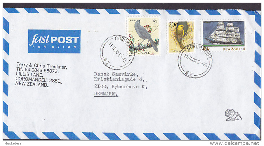 New Zealand FASTpost Par Avion COROMANDEL 1990 Cover Denmark $1 Kokako Bird Vogel Oiseau Ship Schiff Stamps Kiwi Cachet - Corréo Aéreo