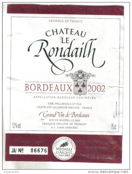 LOT 3 ETIQUETTES BOUTEILLE VIN - Bx  "Chateau Rondailh"2002, Bx "Château Tour Chapoux 82, Médoc "Chateau Queyzans" 92 - Collections, Lots & Séries