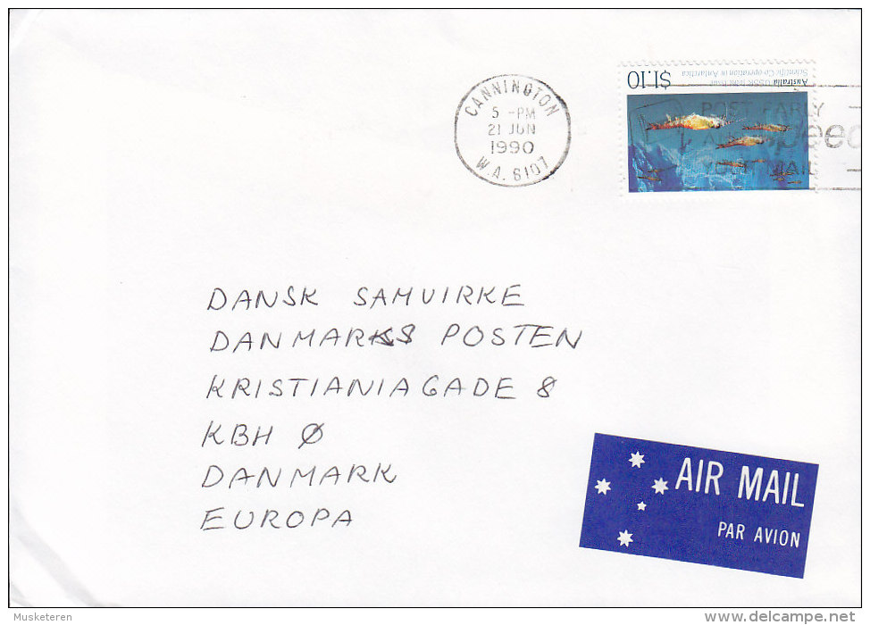 Australia Airmail Par Avion Label CANNINGTON (W.A.) 1990 Cover To Denmark $1.10 Anactica Russian Joint Issue - Brieven En Documenten