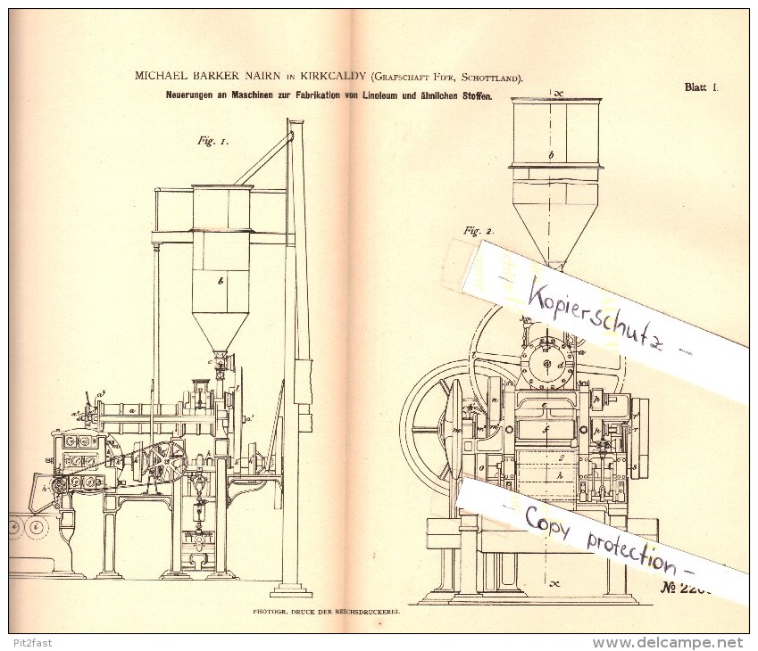 Original Patentschrift - M. Barker Nairn In Kirkcaldy , Scotland , 1882 , Machine For The Manufacture Of Linoleum !!! - Fife