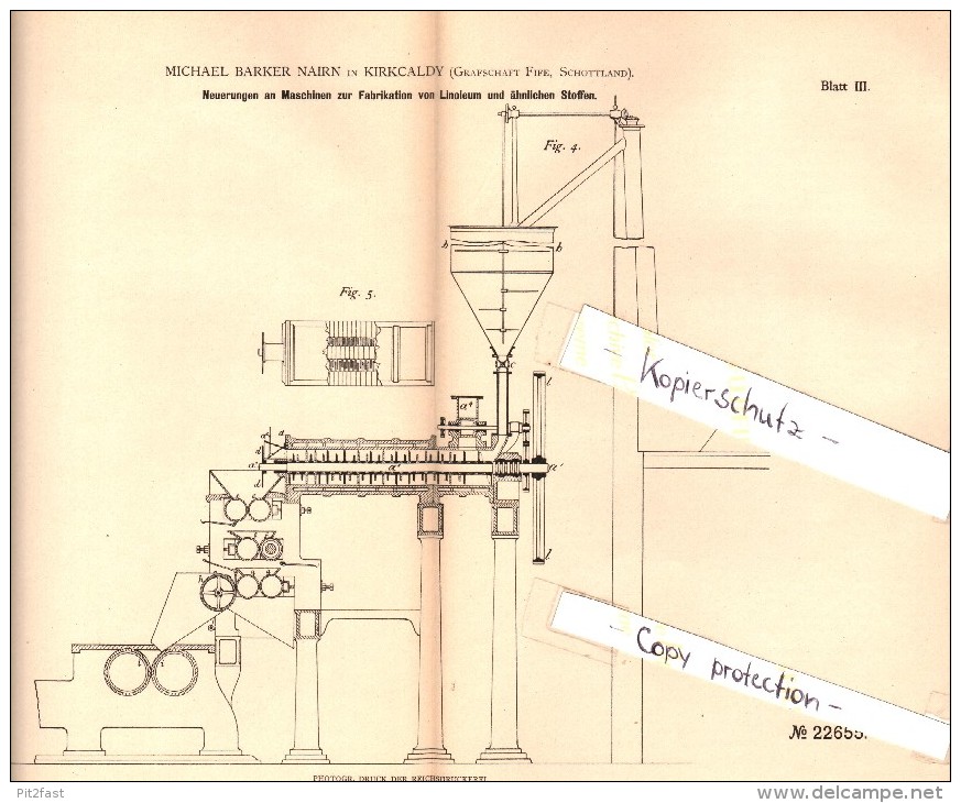 Original Patentschrift - M. Barker Nairn In Kirkcaldy , Scotland , 1882 , Machine For The Manufacture Of Linoleum !!! - Fife