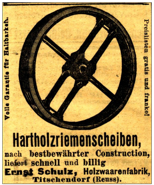 Original-Werbung/ Anzeige 1904 - HARTHOLZRIEMENSCHEIBEN / ERNST SCHULZ TITSCHENDORF (REUSS) - Ca. 45 X 55 Mm - Pubblicitari