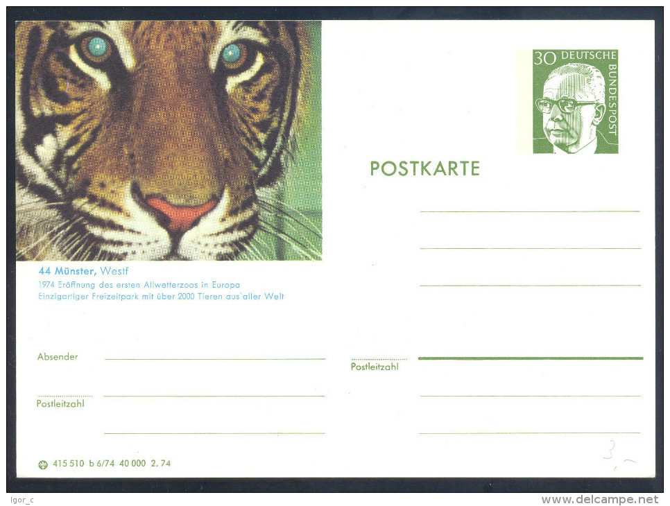 Germany Deutschland 1974 PS Stationery Card: Fauna Tiger Panhera Tigris Zoo Münster - Raubkatzen