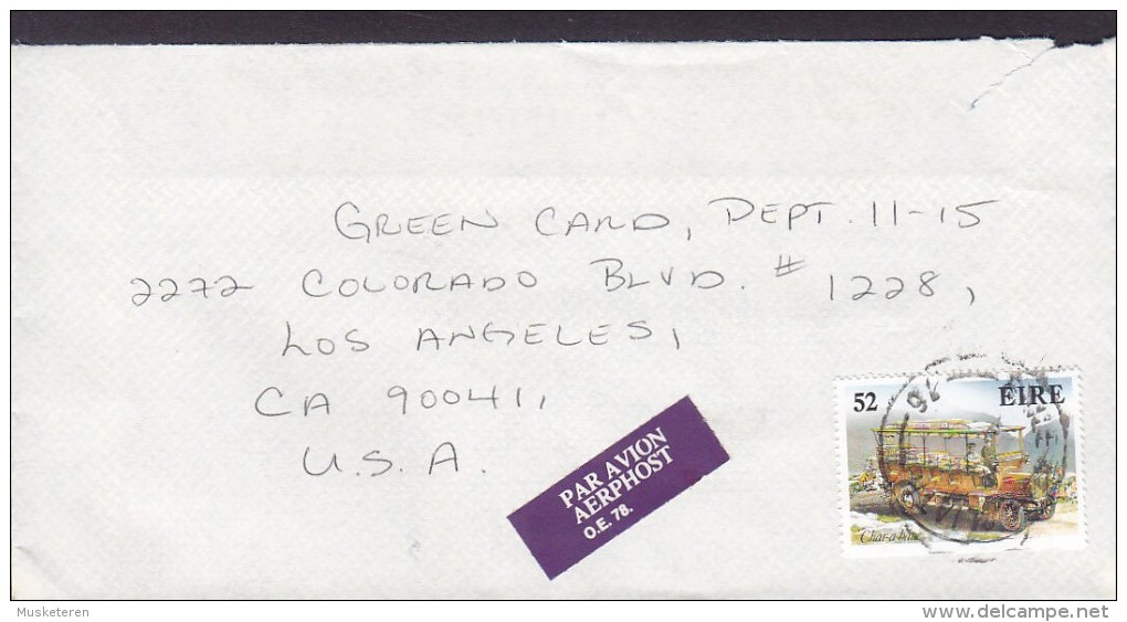 Ireland Par Avion Aerphost Label Cover Lettre To USA Char-a-banc 3- Sided Perf. Stamp Bus Autobus - Airmail