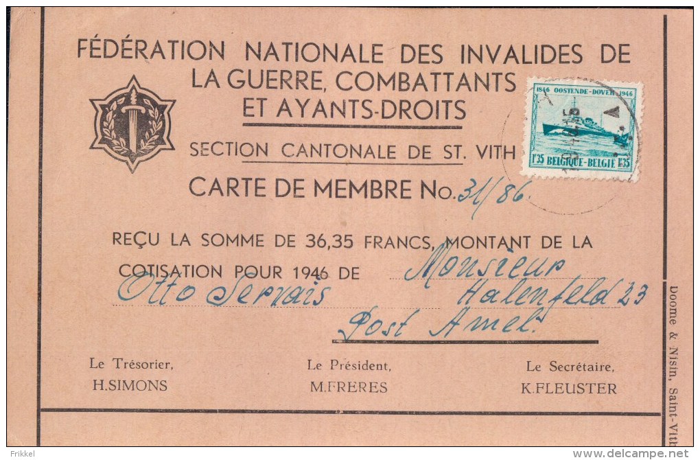 Reclamekaart Féderation Nationale Des Invalides De La Guerre Carte Membre Section St Vith 1946 - Autres & Non Classés