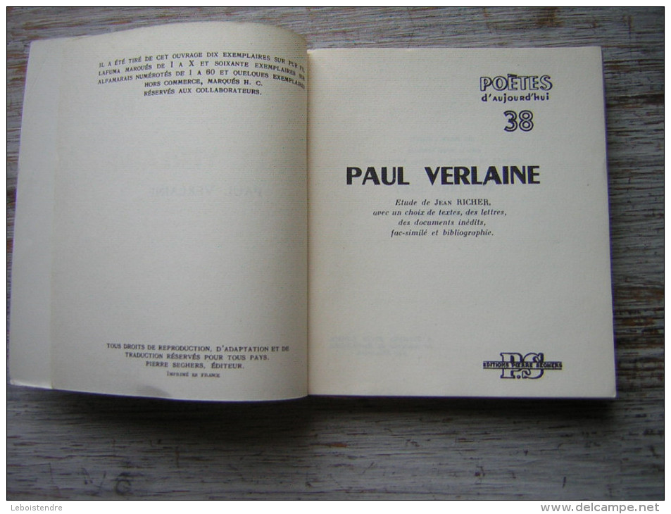 PAUL VERLAINE PAR JEAN RICHER  POETES D'AUJOURD'HUI   PIERRE SEGHERS EDITEUR