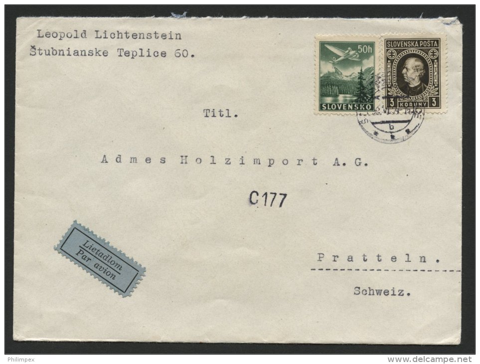 SLOVAKIA, AIRPOST COVER 1943 FROM Stubnanskie Teplice TO PRATTELN SWITZERLAND - Storia Postale