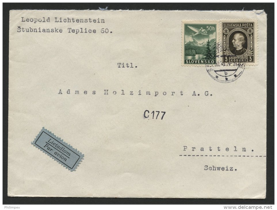 SLOVAKIA, AIRPOST COVER 1943 FROM Stubnanskie Teplice TO PRATTELN SWITZERLAND - Cartas & Documentos