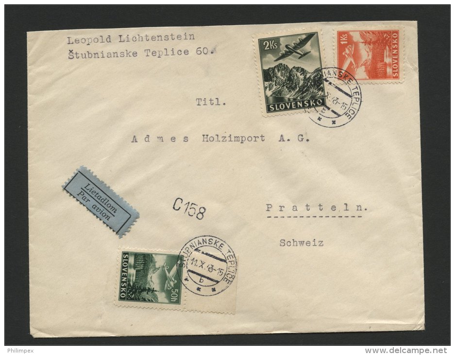 SLOVAKIA, AIRPOST COVER 1943 FROM Stubnanskie Teplice TO PRATTELN SWITZERLAND - Lettres & Documents