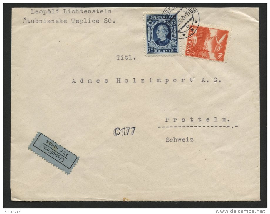 SLOVAKIA, AIRPOST COVER 1943 FROM Stubnanskie Teplice TO PRATTELN SWITZERLAND - Cartas & Documentos