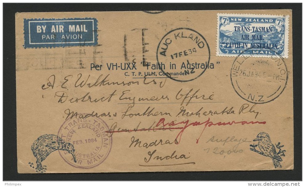NEW ZEALAND, TRANS-TASMAN AIR MAIL 1934 TO INDIA! - Airmail
