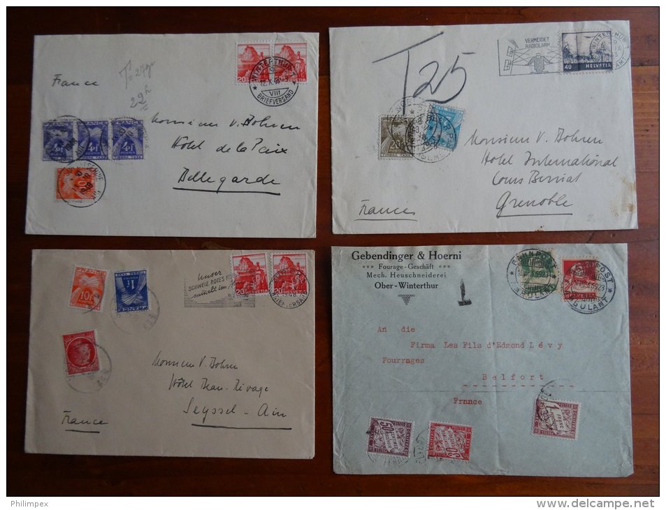 FRANCE / SWITZERLAND 6 DOCUMENTS WITH TAX / DUE STAMPS - 1859-1959 Lettres & Documents