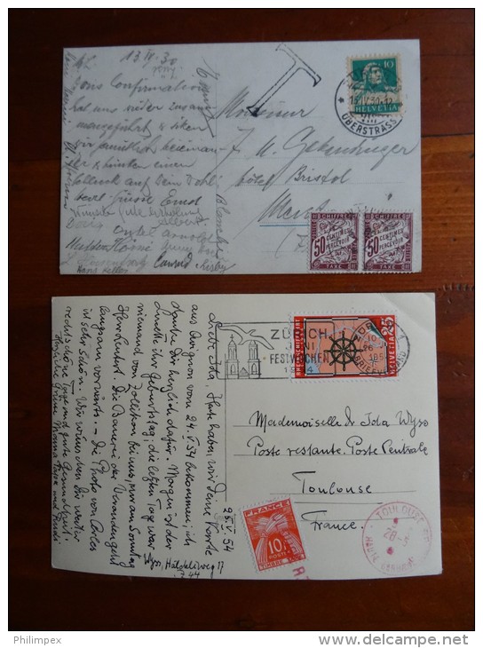 FRANCE / SWITZERLAND 6 DOCUMENTS WITH TAX / DUE STAMPS - 1859-1959 Lettres & Documents