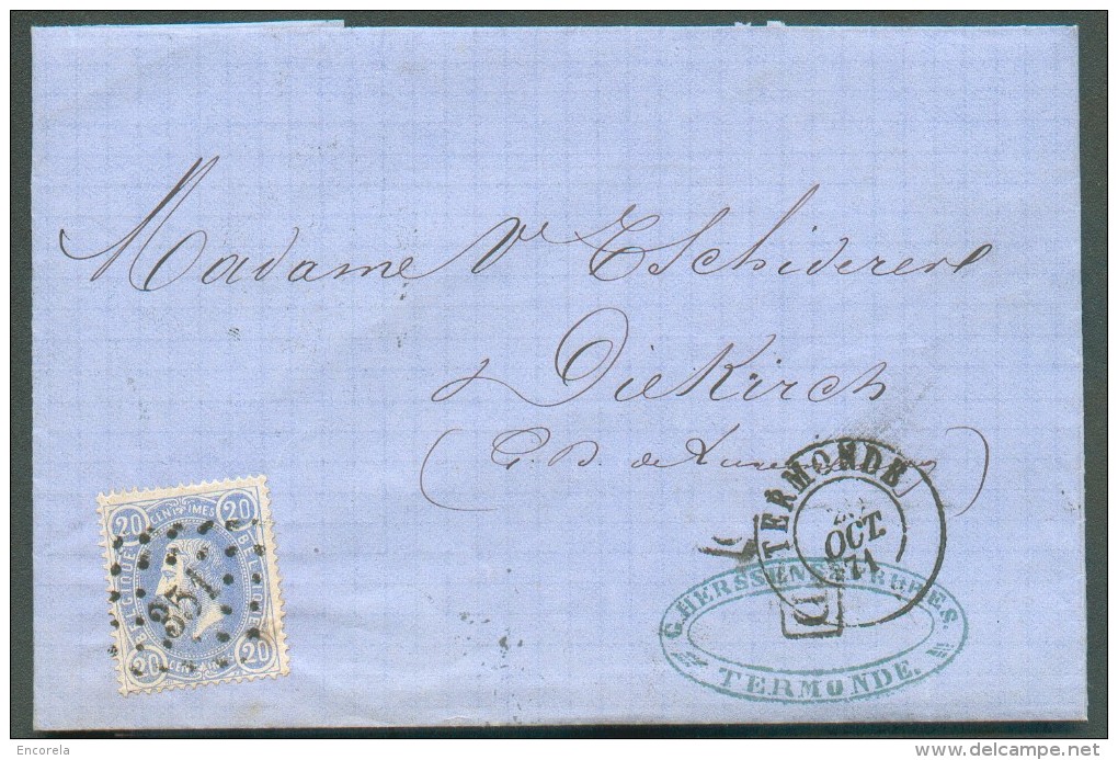 N°31 - 20 Centimes Bleu, Obl. LP. 351 Sur Lettre De TERMONDE Du 28 Octobre 1871 Vers Diekirch (Grand-Duché De Luxembourg - 1869-1883 Leopold II.