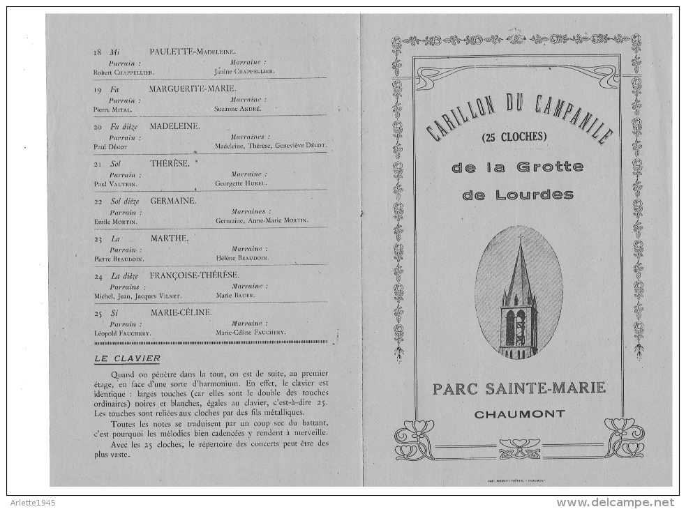 CARILLON DU CAMPANILE (25 CLOCHES )  De La GROTTE De LOURDES PARC SAINTE MARIE à CHAUMONT - Non Classés