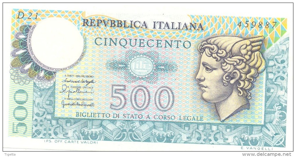 ITALIA BANCONOTA DA LIRE 500 FDS MERCURIO DECRETO 20/12/76  SERIE D21  459887 - 500 Lire